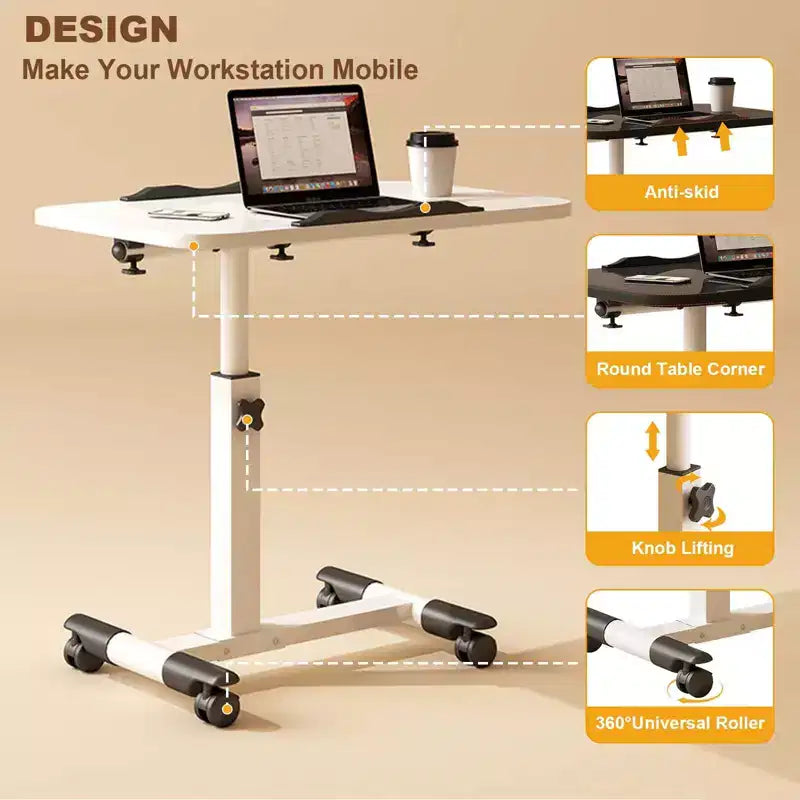 Tavolino da Letto con Ruote Regolabile in Altezza, Tavolo Pieghevole, Tavolino Rolling, Scrivania Portatile per Laptop e Computer