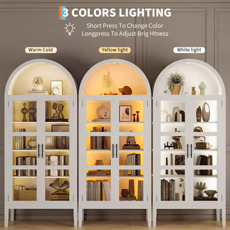 Armadio contenitore, dispensa da cucina alta 71'' con arco, con 3 luci LED colorate, ante in vetro e ripiani regolabili