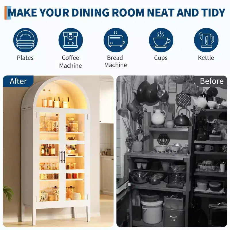 Armadio contenitore, dispensa da cucina alta 71'' con arco, con 3 luci LED colorate, ante in vetro e ripiani regolabili
