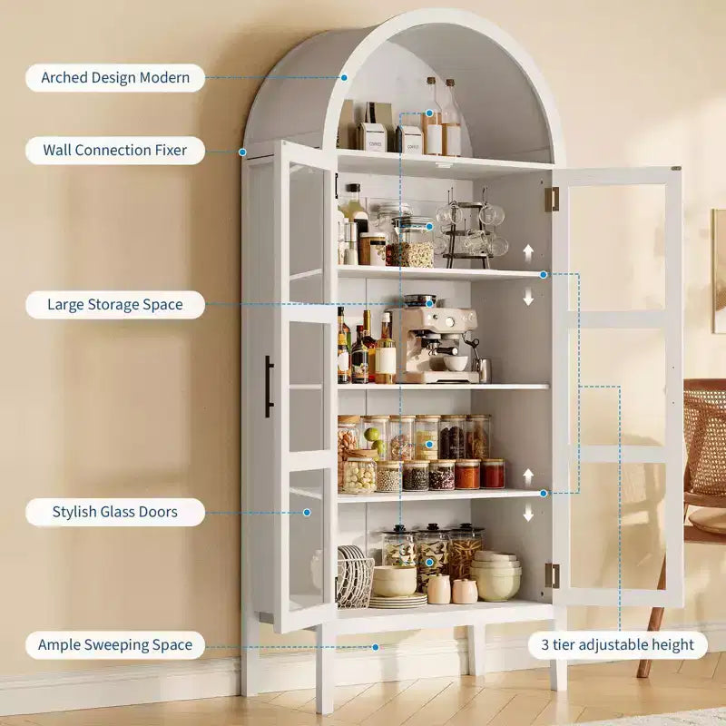 Armadio contenitore, dispensa da cucina alta 71'' con arco, con 3 luci LED colorate, ante in vetro e ripiani regolabili