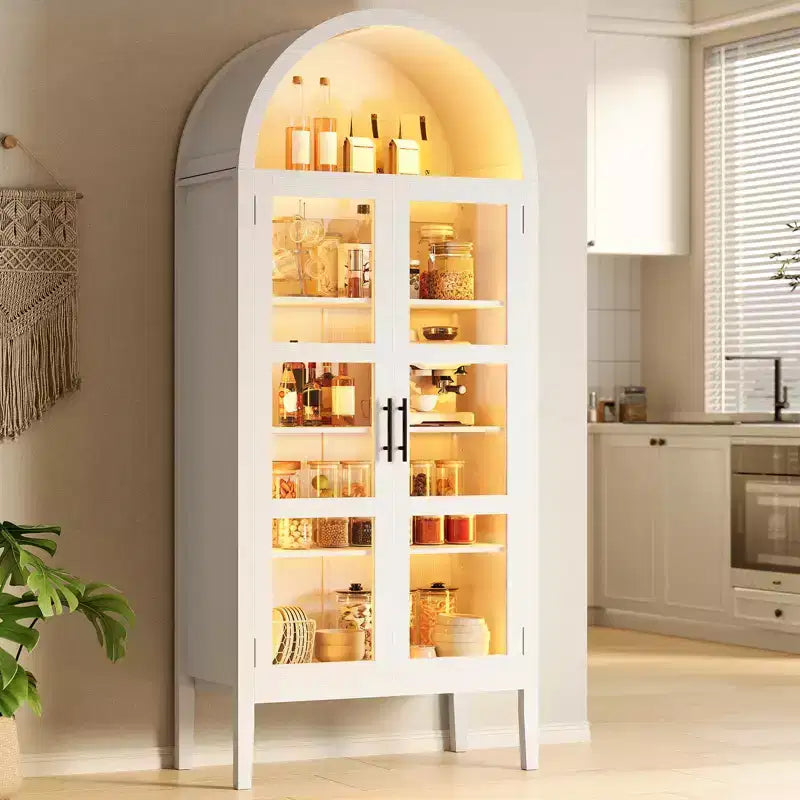Armadio contenitore, dispensa da cucina alta 71'' con arco, con 3 luci LED colorate, ante in vetro e ripiani regolabili
