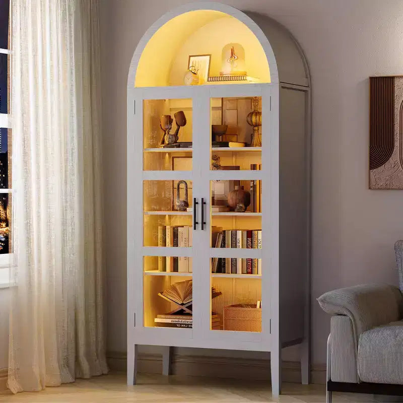 Armadio contenitore, dispensa da cucina alta 71'' con arco, con 3 luci LED colorate, ante in vetro e ripiani regolabili