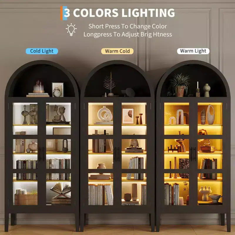 Armadio contenitore, dispensa da cucina alta 71'' con arco, con 3 luci LED colorate, ante in vetro e ripiani regolabili