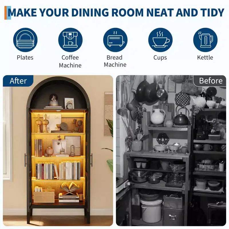 Armadio contenitore, dispensa da cucina alta 71'' con arco, con 3 luci LED colorate, ante in vetro e ripiani regolabili