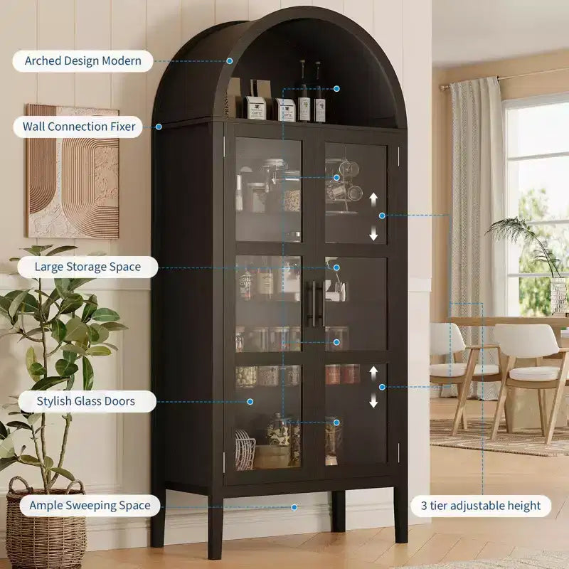 Armadio contenitore, dispensa da cucina alta 71'' con arco, con 3 luci LED colorate, ante in vetro e ripiani regolabili