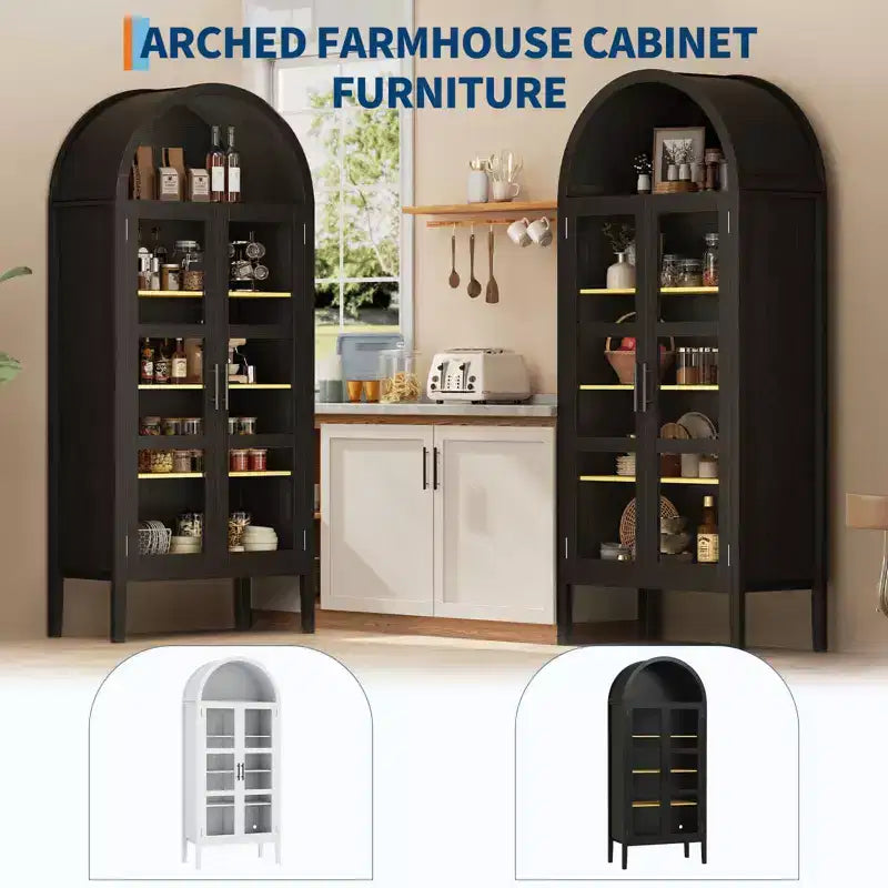 Armadio contenitore, dispensa da cucina alta 71'' con arco, con 3 luci LED colorate, ante in vetro e ripiani regolabili