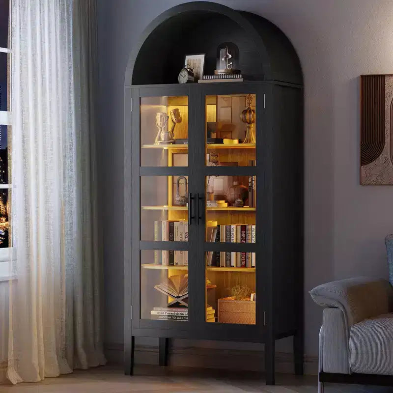 Armadio contenitore, dispensa da cucina alta 71'' con arco, con 3 luci LED colorate, ante in vetro e ripiani regolabili