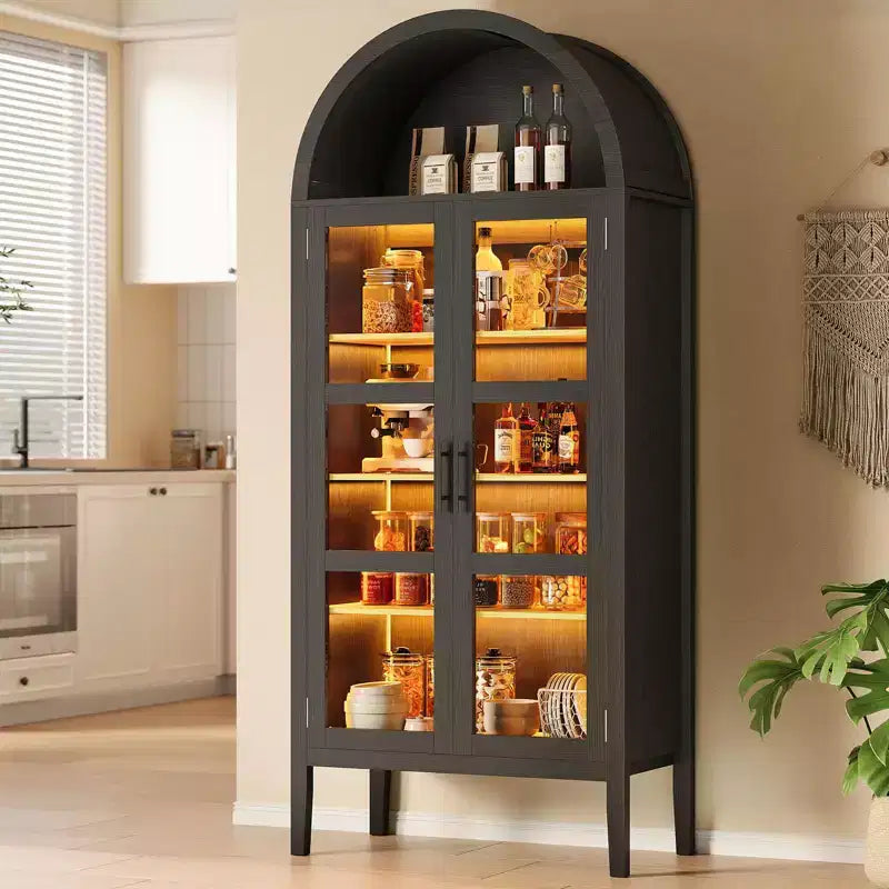 Storage Cabinet, 71'' Tall Arched Kitchen Pantry with 3 Color LED Lights, Glass Doors Adjustable Shelves