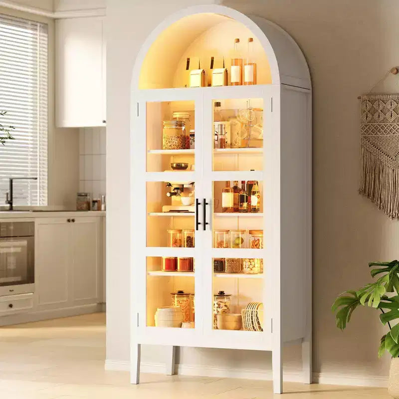 Armadio contenitore, dispensa da cucina alta 71'' con arco, con 3 luci LED colorate, ante in vetro e ripiani regolabili