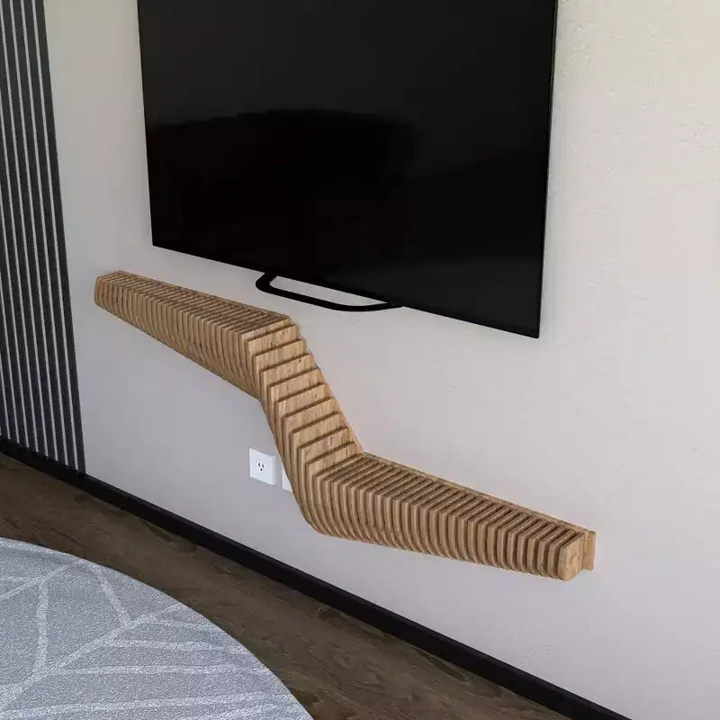 Mobile TV Sospeso Geometrico Parametrico Moderno da 145 cm, Decorazione Murale in Legno di Quercia Naturale, Mensola a Onde 3D per Soggiorno