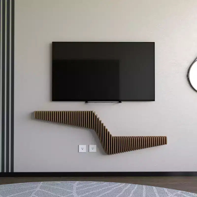 Mobile TV Sospeso Geometrico Parametrico Moderno da 145 cm, Decorazione Murale in Legno di Quercia Naturale, Mensola a Onde 3D per Soggiorno