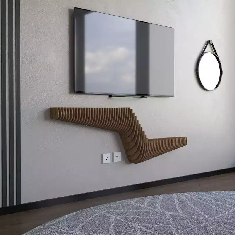 Mobile TV Sospeso Geometrico Parametrico Moderno da 145 cm, Decorazione Murale in Legno di Quercia Naturale, Mensola a Onde 3D per Soggiorno