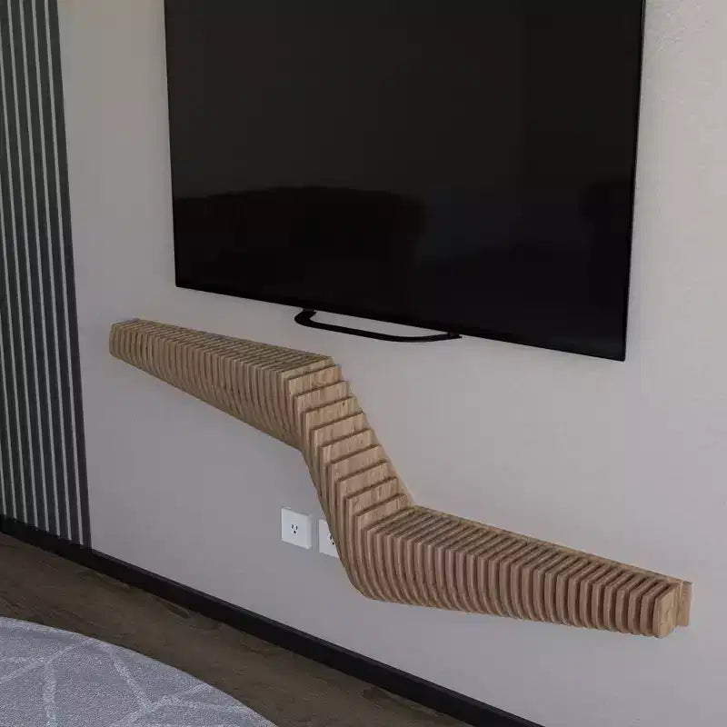 Mobile TV Sospeso Geometrico Parametrico Moderno da 145 cm, Decorazione Murale in Legno di Quercia Naturale, Mensola a Onde 3D per Soggiorno