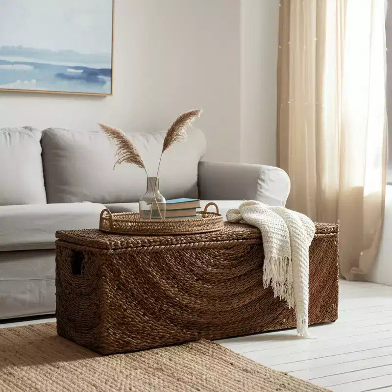 Panca contenitore in tessuto naturale per l'arredamento della camera da letto - Elegante panca ottomana con scomparto nascosto per coperte in soggiorno - 19, Marrone e Tan
