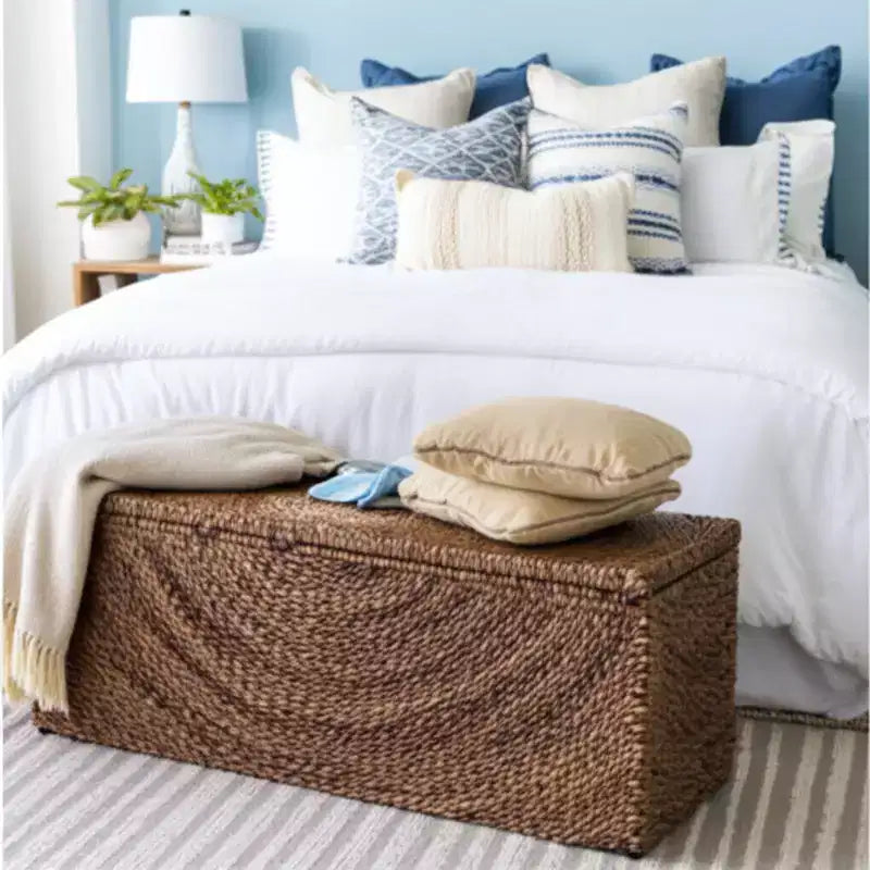 Panca contenitore in tessuto naturale per l'arredamento della camera da letto - Elegante panca ottomana con scomparto nascosto per coperte in soggiorno - 19, Marrone e Tan