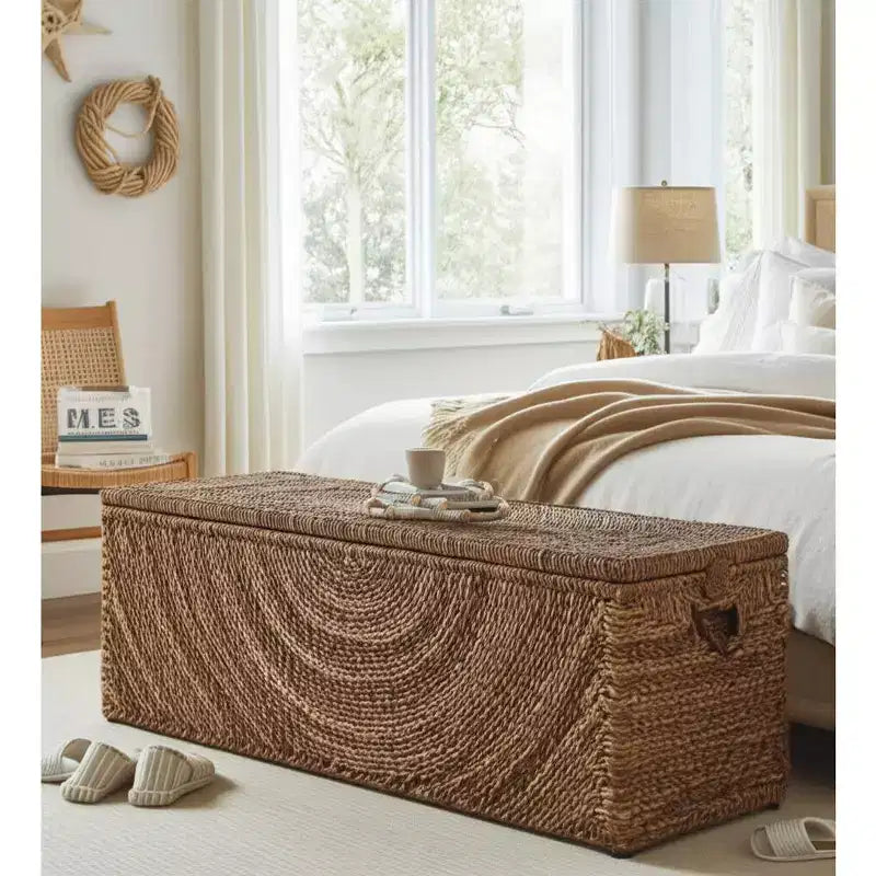 Panca contenitore in tessuto naturale per l'arredamento della camera da letto - Elegante panca ottomana con scomparto nascosto per coperte in soggiorno - 19, Marrone e Tan