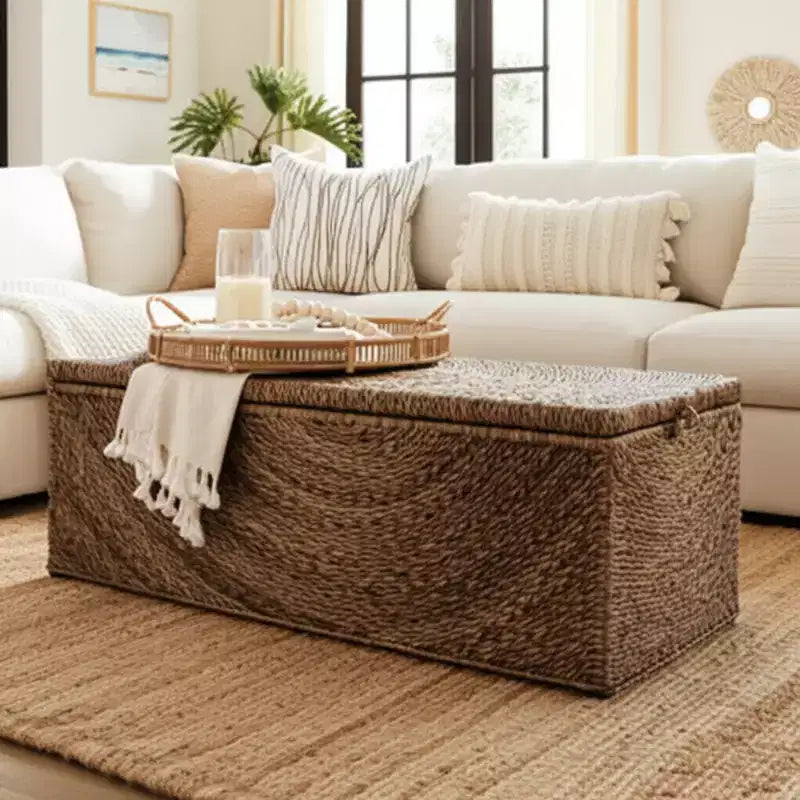 Panca contenitore in tessuto naturale per l'arredamento della camera da letto - Elegante panca ottomana con scomparto nascosto per coperte in soggiorno - 19, Marrone e Tan
