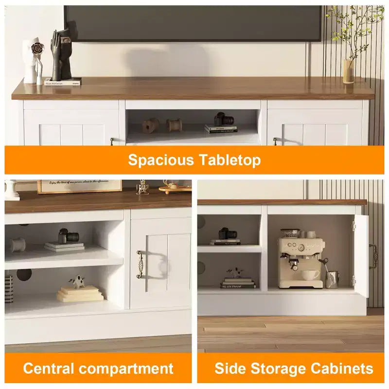 Mobile TV moderno per televisori da 65 pollici, mobile TV rustico con ampi vani portaoggetti, tavolo console multimediale per soggiorno e ufficio