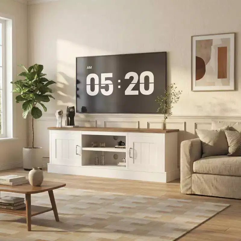 Mobile TV moderno per televisori da 65 pollici, mobile TV rustico con ampi vani portaoggetti, tavolo console multimediale per soggiorno e ufficio
