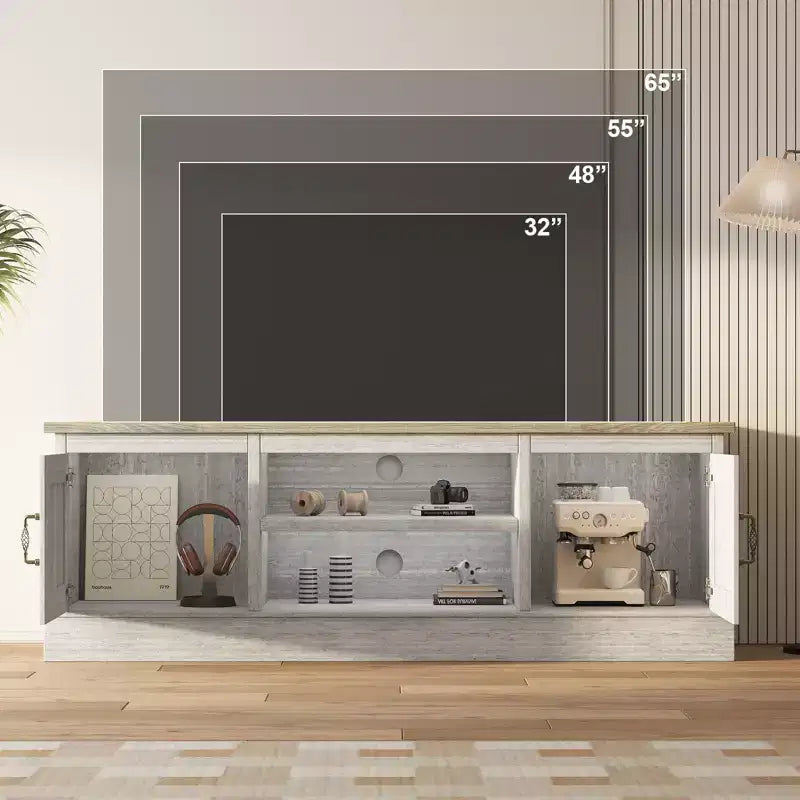 Mobile TV moderno per televisori da 65 pollici, mobile TV rustico con ampi vani portaoggetti, tavolo console multimediale per soggiorno e ufficio