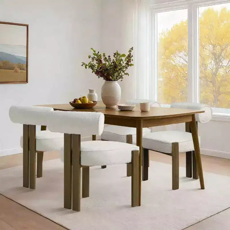 Sedie da pranzo moderne Bouclé d'accento, 2 sedie | Schienale ergonomico curvo, seduta imbottita in peluche e robuste gambe in legno di gomma per sala da pranzo, cucina