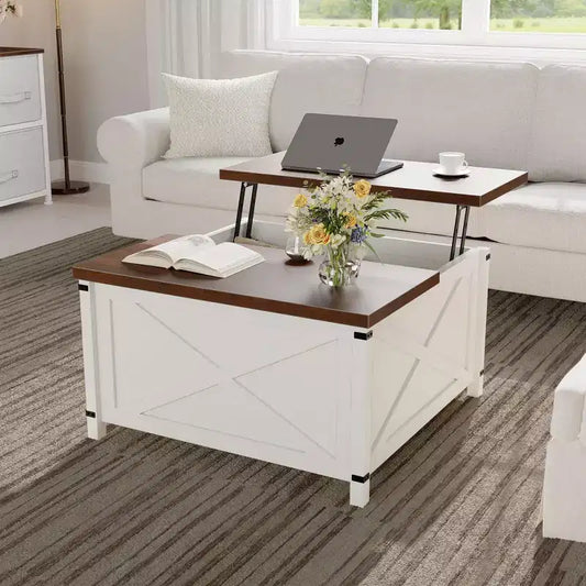 Farmhouse Lift-Top Coffee Table - Brown Square with Hidden Storage, Rustic Industrial Design for Living Room/Home Office/Small Spaces