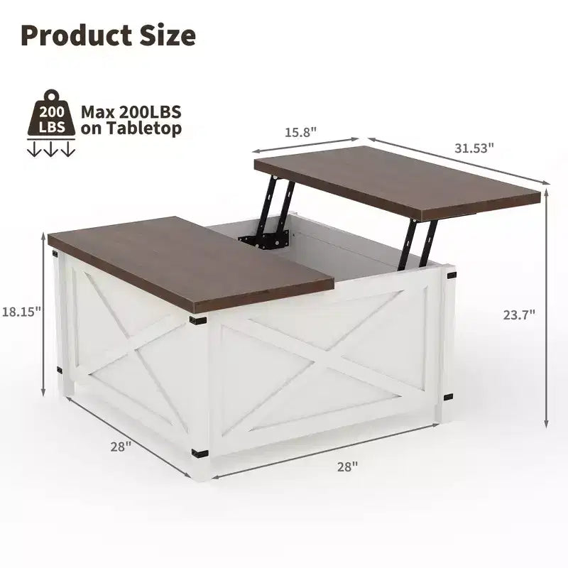 Tavolino da caffè sollevabile da cascina - Quadrato marrone con vano portaoggetti nascosto, design rustico industriale per soggiorno/ufficio/piccoli spazi