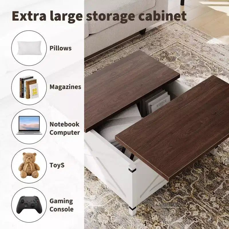 Tavolino da caffè sollevabile da cascina - Quadrato marrone con vano portaoggetti nascosto, design rustico industriale per soggiorno/ufficio/piccoli spazi