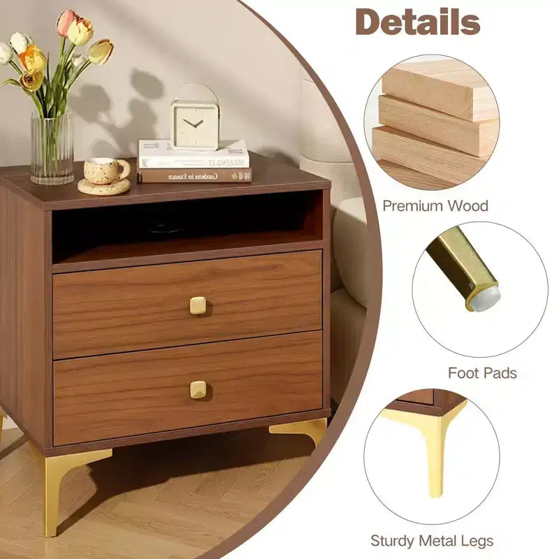 Comodino in Rattan con Stazione di Ricarica Wireless, Tavolino Moderno di Metà Secolo con 2 Cassetti Intrecciati Boho, Comodino in Legno per Camera da Letto