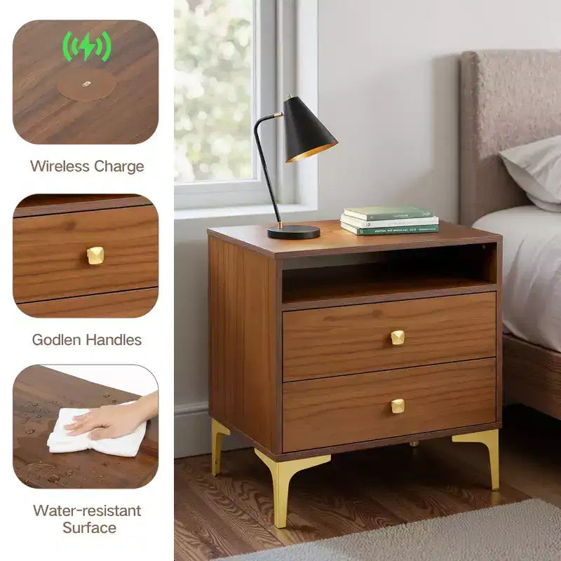 Comodino in Rattan con Stazione di Ricarica Wireless, Tavolino Moderno di Metà Secolo con 2 Cassetti Intrecciati Boho, Comodino in Legno per Camera da Letto