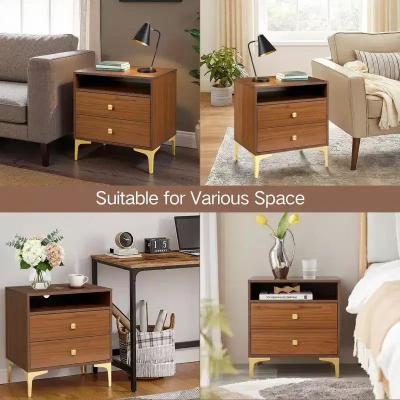 Comodino in Rattan con Stazione di Ricarica Wireless, Tavolino Moderno di Metà Secolo con 2 Cassetti Intrecciati Boho, Comodino in Legno per Camera da Letto