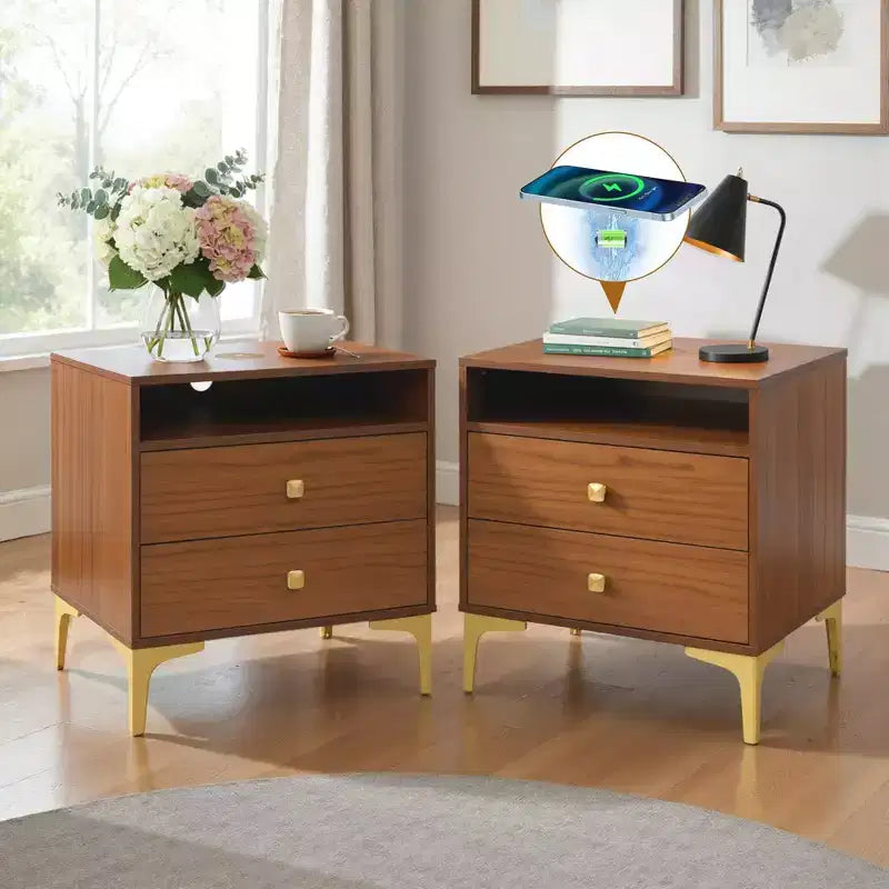 Comodino in Rattan con Stazione di Ricarica Wireless, Tavolino Moderno di Metà Secolo con 2 Cassetti Intrecciati Boho, Comodino in Legno per Camera da Letto