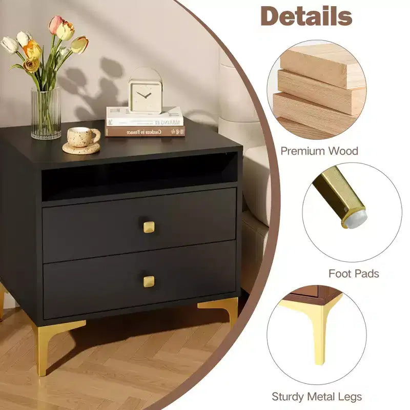 Comodino in Rattan con Stazione di Ricarica Wireless, Tavolino Moderno di Metà Secolo con 2 Cassetti Intrecciati Boho, Comodino in Legno per Camera da Letto