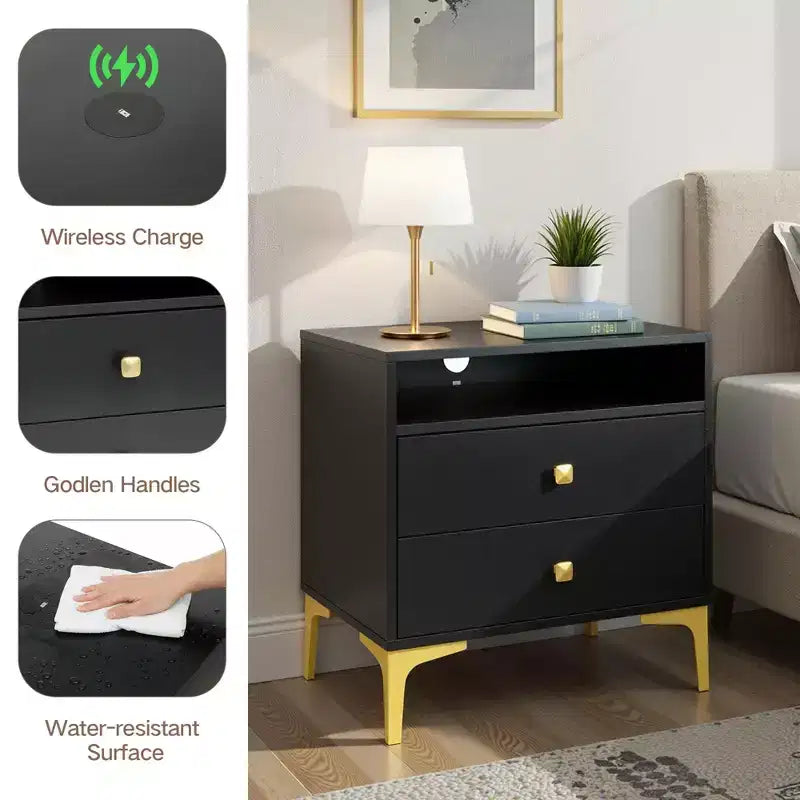 Comodino in Rattan con Stazione di Ricarica Wireless, Tavolino Moderno di Metà Secolo con 2 Cassetti Intrecciati Boho, Comodino in Legno per Camera da Letto