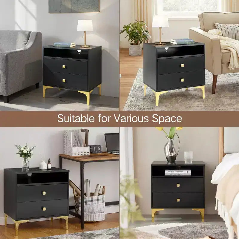 Comodino in Rattan con Stazione di Ricarica Wireless, Tavolino Moderno di Metà Secolo con 2 Cassetti Intrecciati Boho, Comodino in Legno per Camera da Letto