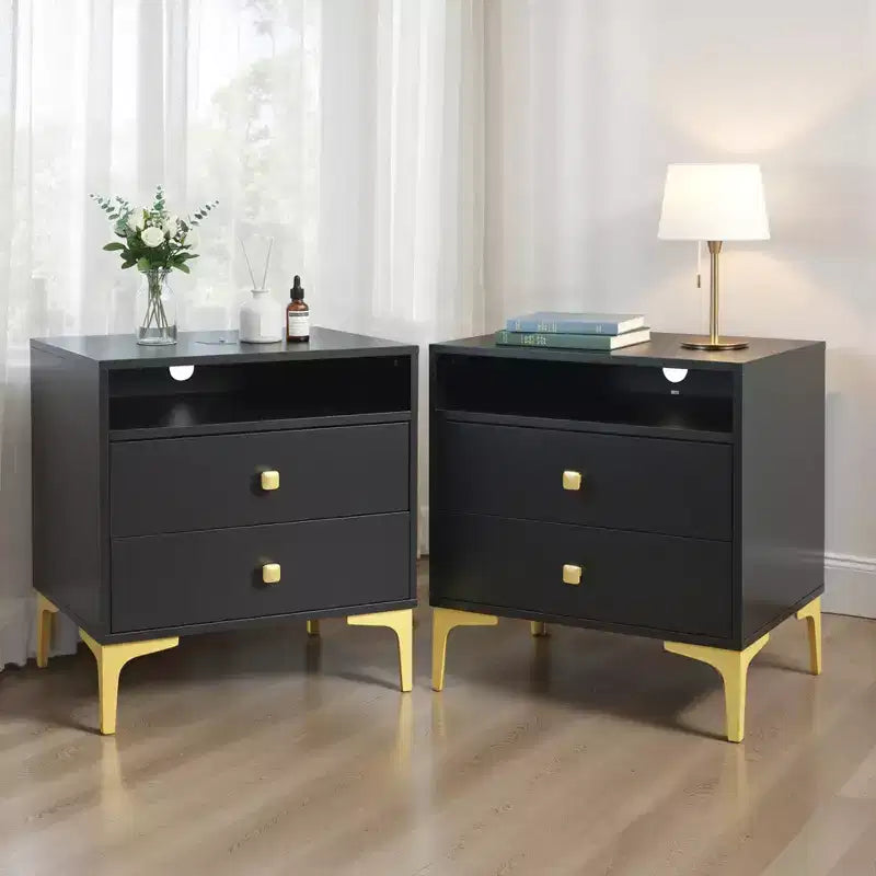 Comodino in Rattan con Stazione di Ricarica Wireless, Tavolino Moderno di Metà Secolo con 2 Cassetti Intrecciati Boho, Comodino in Legno per Camera da Letto