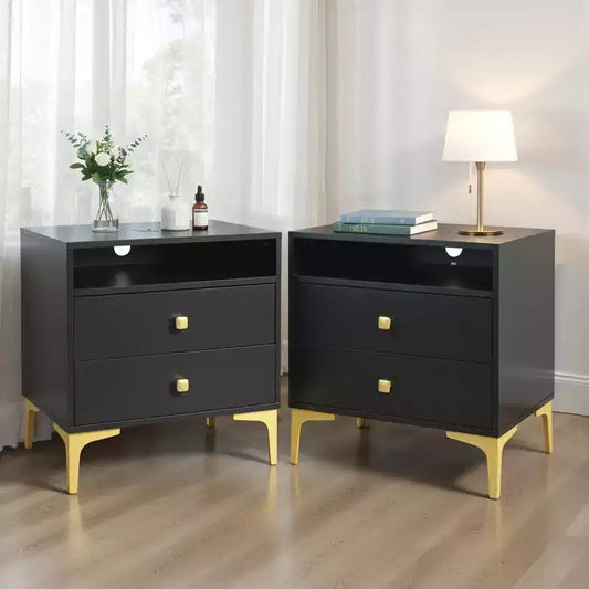 Comodino in Rattan con Stazione di Ricarica Wireless, Tavolino Moderno di Metà Secolo con 2 Cassetti Intrecciati Boho, Comodino in Legno per Camera da Letto