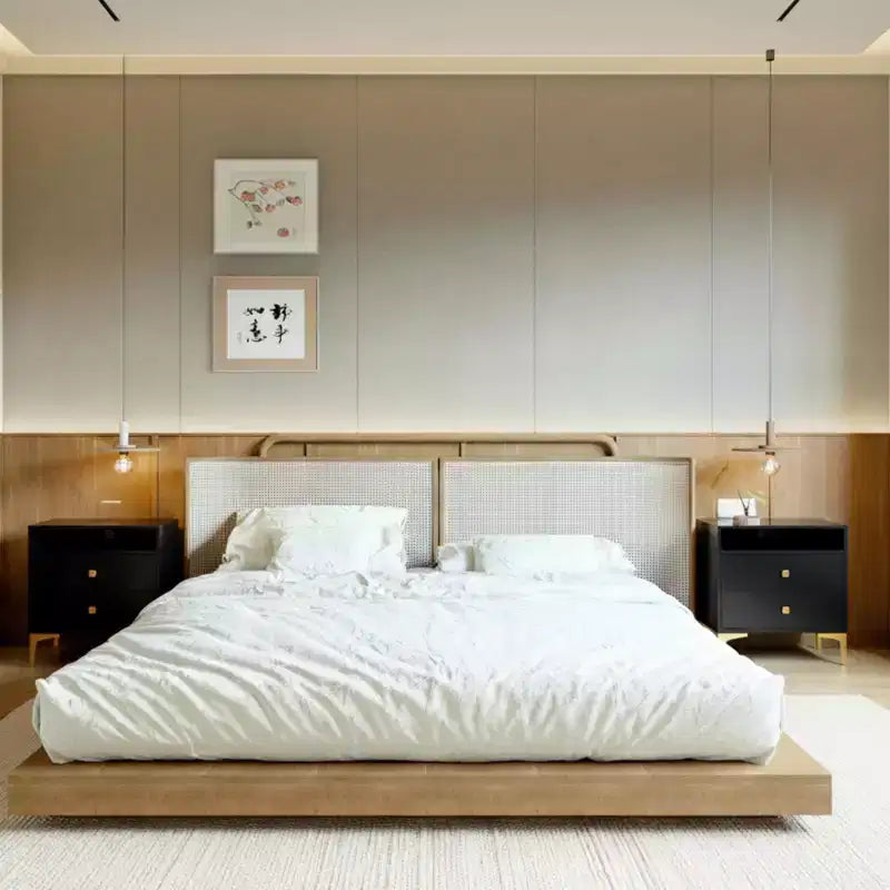 Comodino in Rattan con Stazione di Ricarica Wireless, Tavolino Moderno di Metà Secolo con 2 Cassetti Intrecciati Boho, Comodino in Legno per Camera da Letto