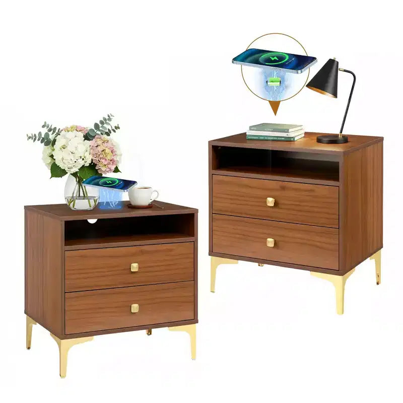 Comodino in Rattan con Stazione di Ricarica Wireless, Tavolino Moderno di Metà Secolo con 2 Cassetti Intrecciati Boho, Comodino in Legno per Camera da Letto