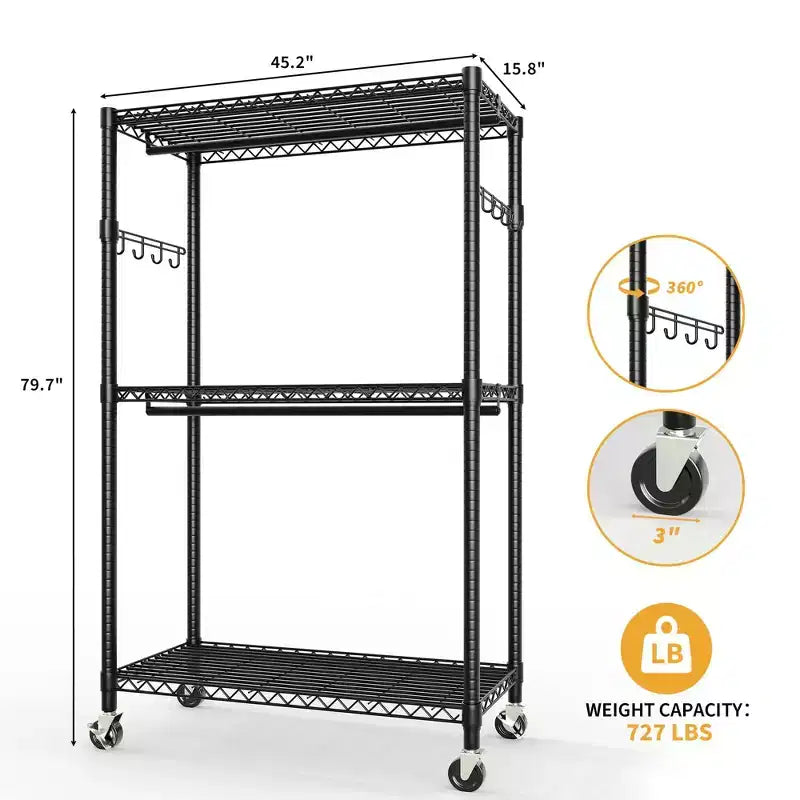 Appendiabiti a rotelle, appendiabiti in metallo resistente da 75,6H con ruote, 1 asta appendiabiti, ripiani regolabili e ganci laterali, appendiabiti portatile in filo metallico
