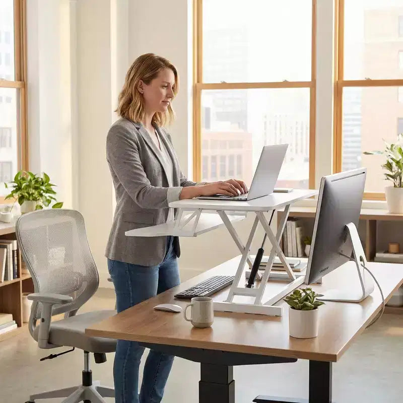 Scrivania regolabile in altezza per laptop con vassoio per tastiera, workstation sit-stand con piano in MDF per ufficio a casa, scrittura, lettura e studio