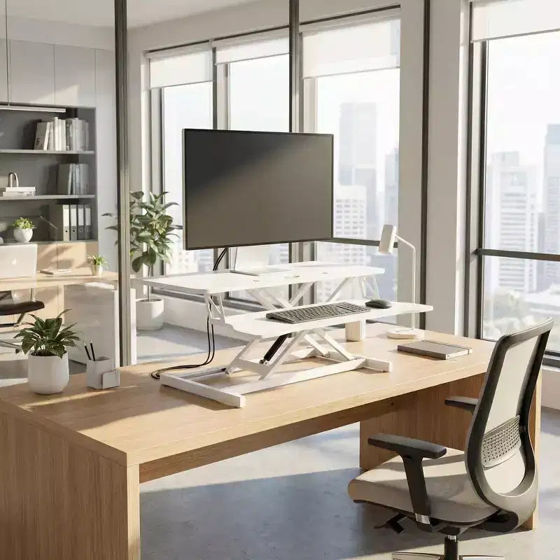 Scrivania regolabile in altezza per laptop con vassoio per tastiera, workstation sit-stand con piano in MDF per ufficio a casa, scrittura, lettura e studio