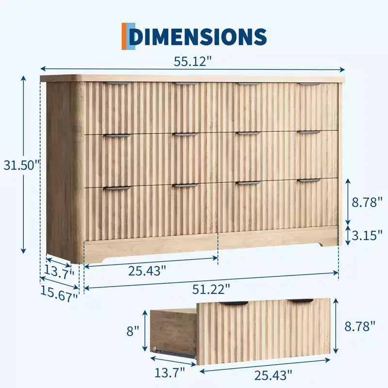 Cassettiera scanalata a 6 cassetti, cassettiera moderna da camera con piano in legno, cassettiera robusta in legno e porta TV, contenitore per vestiti per soggiorno e corridoio