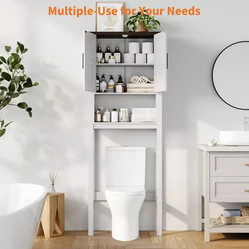Organizzatore Moderno per Bagno Sopra il WC con Ripiani Regolabili e Dispositivo Anti-ribaltamento, Scaffale per WC Autoportante
