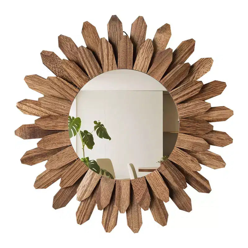 12-Inch Rustic Wood Sunburst Decorative Wall Mirror Round Boho Mirror for Bedroom Living Room