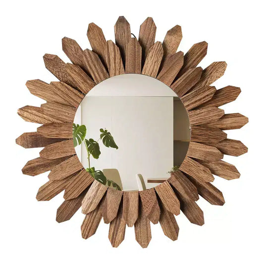 12-Inch Rustic Wood Sunburst Decorative Wall Mirror Round Boho Mirror for Bedroom Living Room