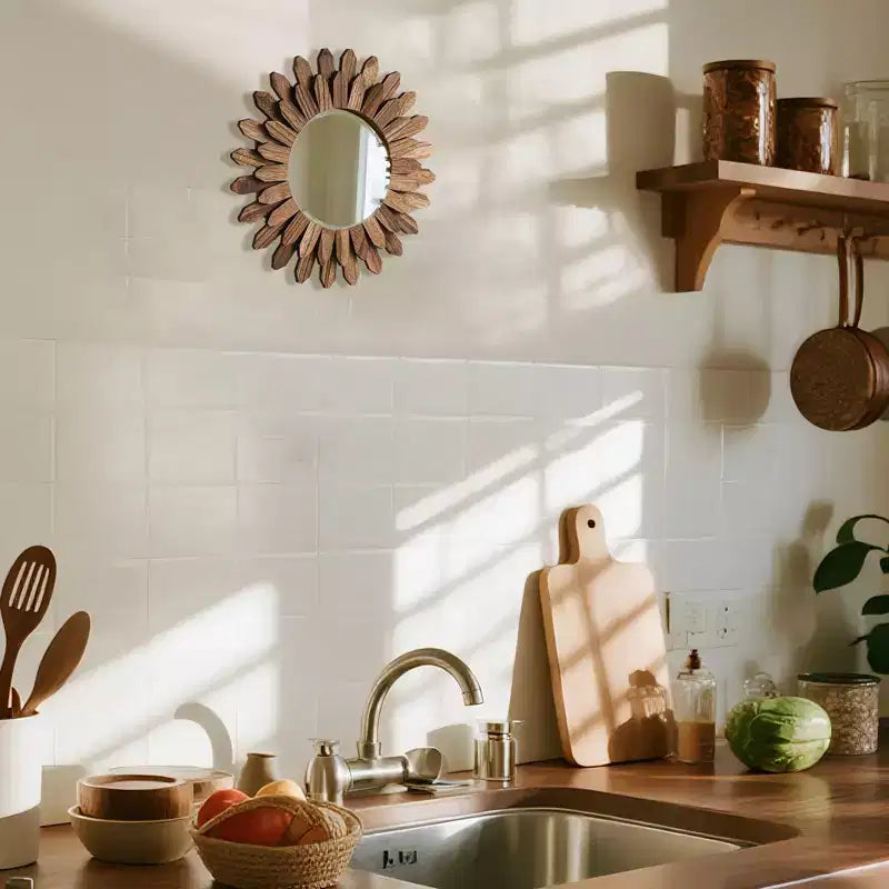 Specchio da parete decorativo rotondo a raggiera in legno rustico da 12 pollici, stile boho, per camera da letto e soggiorno