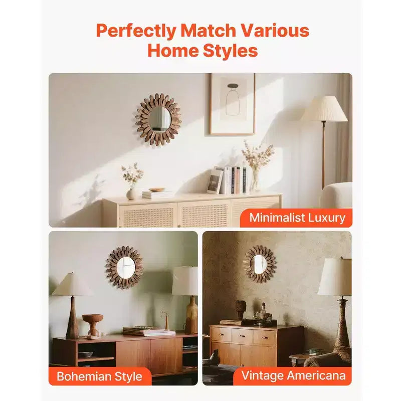 Specchio da parete decorativo rotondo a raggiera in legno rustico da 12 pollici, stile boho, per camera da letto e soggiorno
