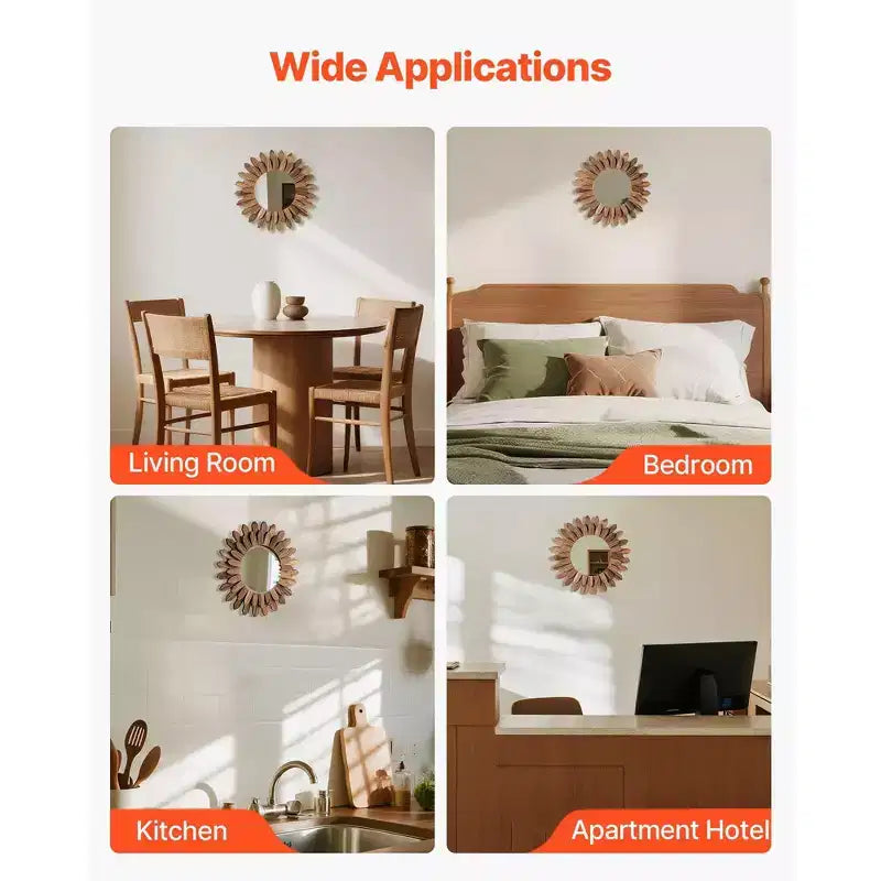 Specchio da parete decorativo rotondo a raggiera in legno rustico da 12 pollici, stile boho, per camera da letto e soggiorno
