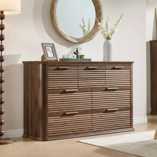JVNOXK 52 Inch Modern Wooden Seven-Drawer Cabinet, Suitable for Bedroom, with Curved Contour Design, Living Room Storage Cabinet, Walnut